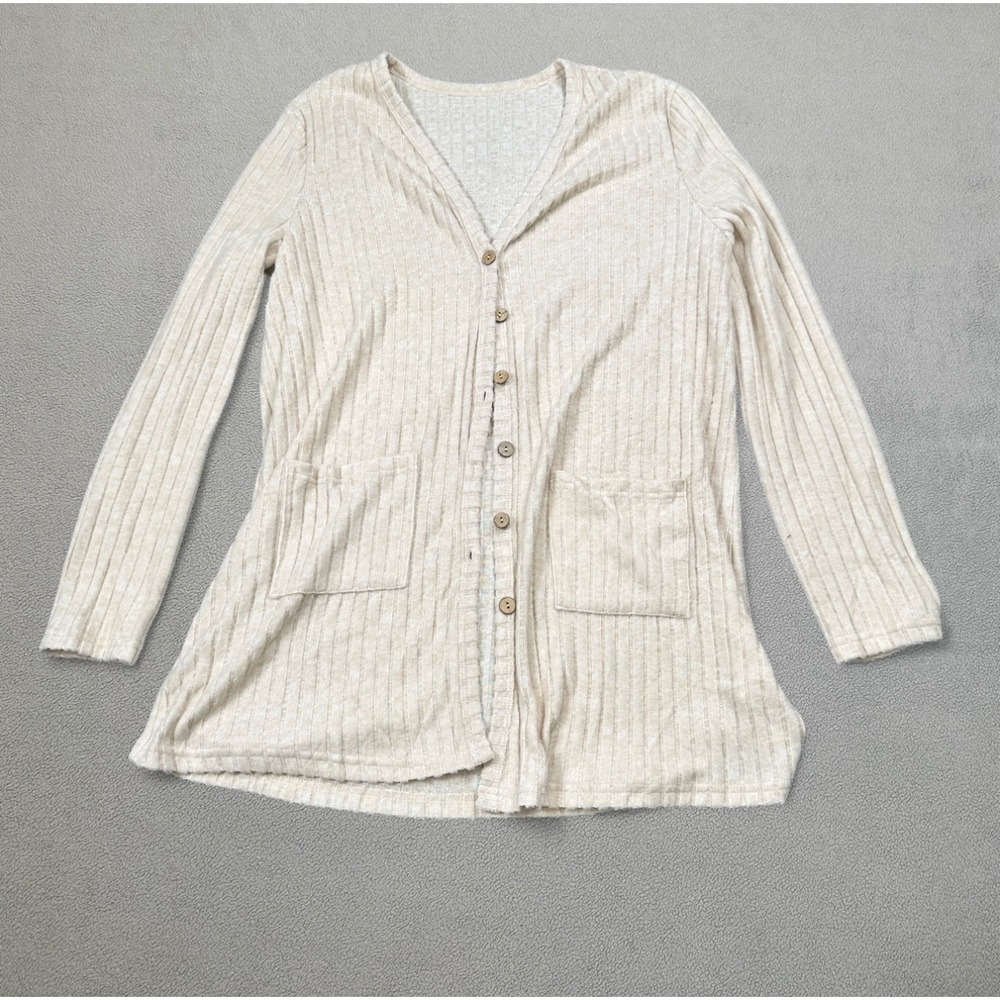 S. Deer Knit Cardigan Large  Beige Ribbed Button Front Long Sleeve Pockets NWT